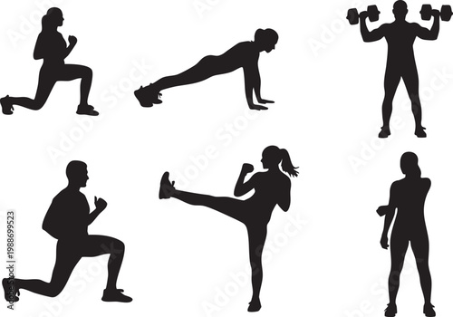 A set of six black silhouette images of people performing various fitness exercises