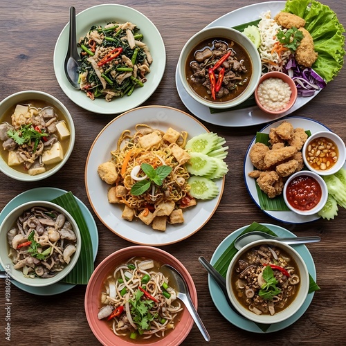 Assortment of savory Asian dishes, presented attractively on a wooden table