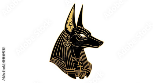 Ancient Egyptian god Anubis jackal head profile with ankh necklace.