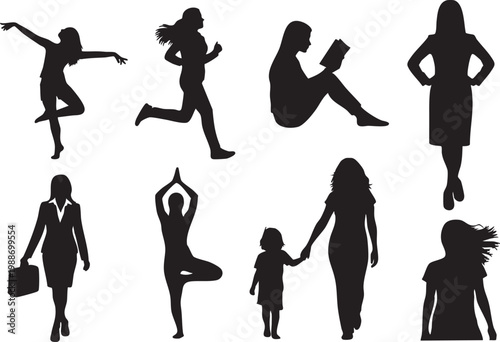 Collection of nine black silhouette images of women in various poses