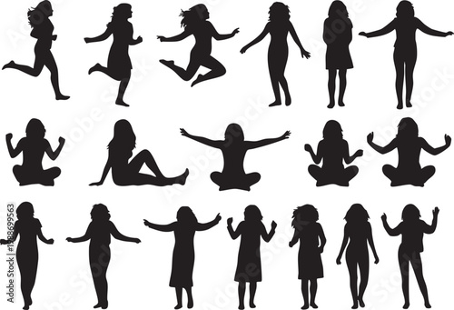 Collection of black silhouette illustrations of women in various poses