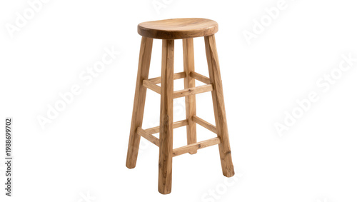 Tableau sur toile Rustic wooden bar stool with four legs and crossbars, isolated on transparent ba