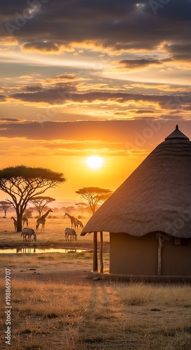 African savanna at sunrise with safari lodge, acacia trees, giraffes, and zebras
