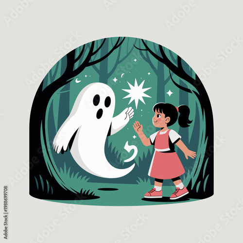 Little Girl Meeting Friendly Ghost in Dark Forest