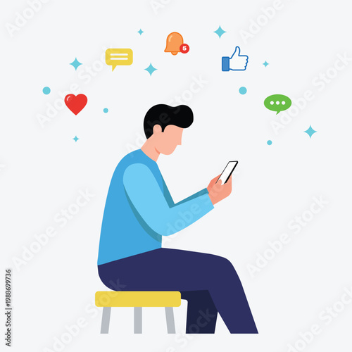 Man Using Smartphone for Social Media Interaction Flat Vector Illustration
