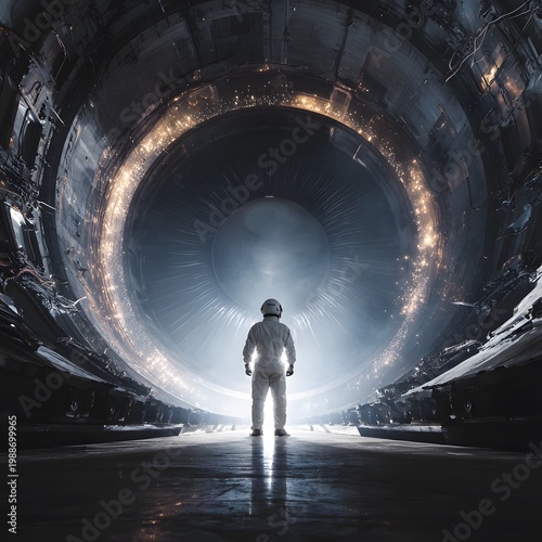 Astronaut Facing the Portal: An astronaut stands before a luminous portal, the circular aperture radiating with light within a massive, futuristic structure, conveying themes of exploration.