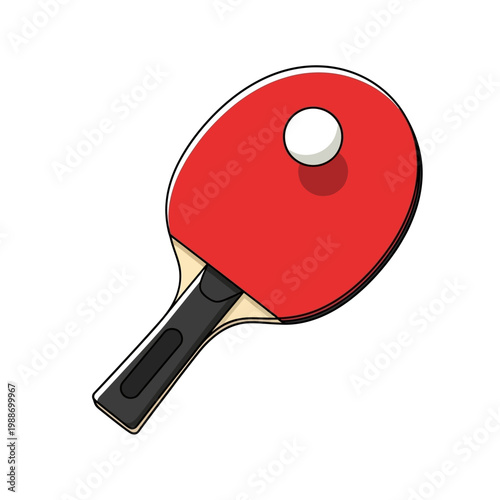 Red ping pong paddle with ball on white background