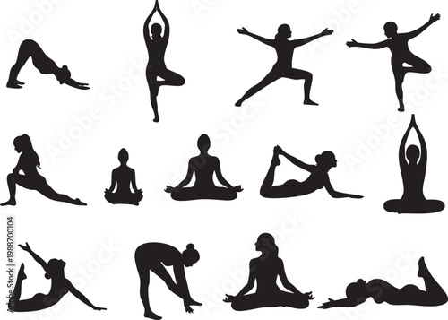 Collection of various yoga poses in black silhouette
