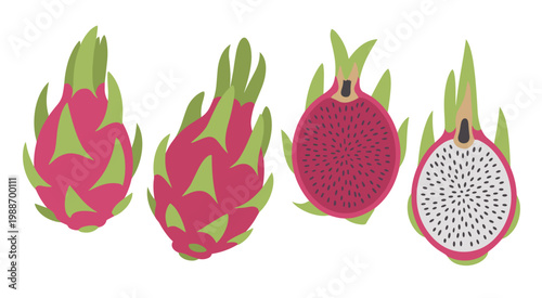 Collection of whole and halved dragon fruits with pink and white flesh and green leaves Keywords: dragon fruit, pitaya, exotic fruit, tropical