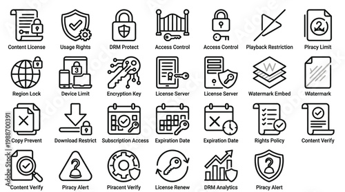 Digital rights management and content protection license control line icons for media law.