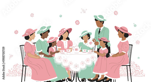 Victorian Tea Party: Women and Girls Enjoying Afternoon Tea in a Garden