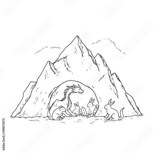 Dragon Protecting Family in Mountain Cave