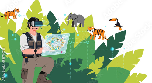Virtual Reality Explorer in Jungle with Digital Animals and Map