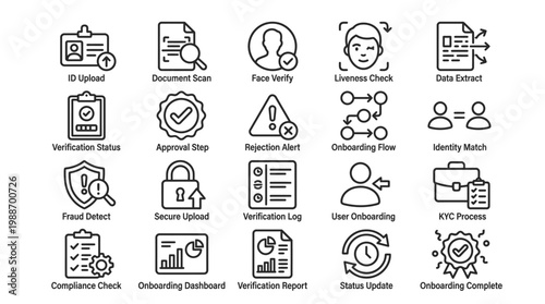 Digital identity verification icons for security authentication and user onboarding processes.