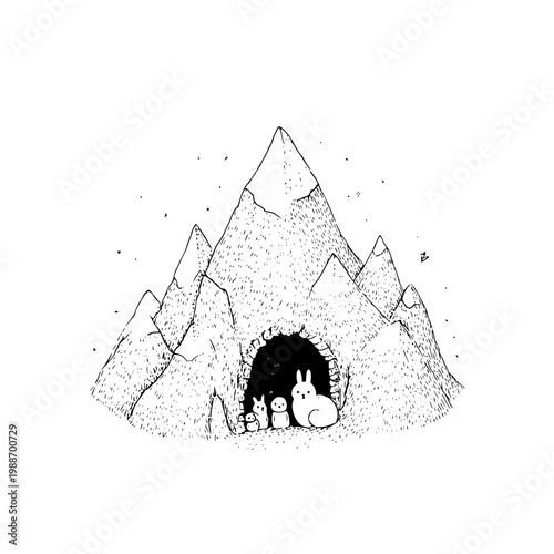 Rabbit Sitting in Cave with Mountains Dotted Illustration