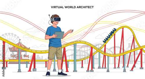 Virtual World Architect Designing Roller Coaster in Amusement Park with VR Headset
