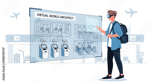 Virtual World Architect Designing Airport Kiosk System with VR Headset