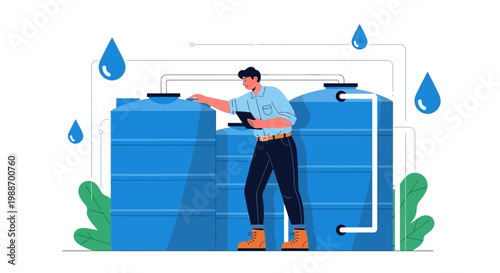 Water management technician checking large blue water storage tanks with digital tablet