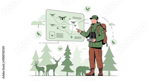 Wildlife researcher using drone technology for animal observation and forest monitoring