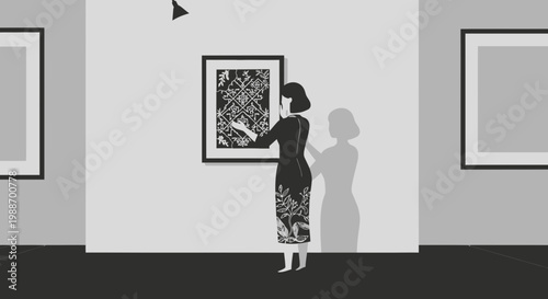 Woman admiring artwork in a minimalist art gallery, black and white illustration