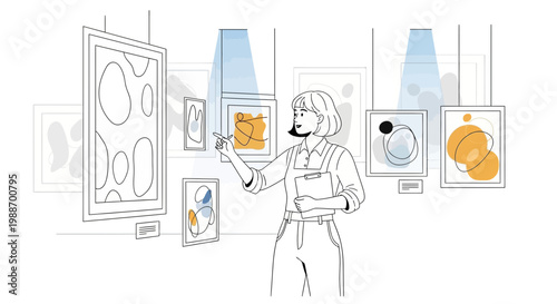 Woman admiring abstract art in a modern gallery, minimalist exhibition