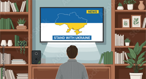 Person watching television news broadcast in living room showing stand with Ukraine map and flag vector illustration.