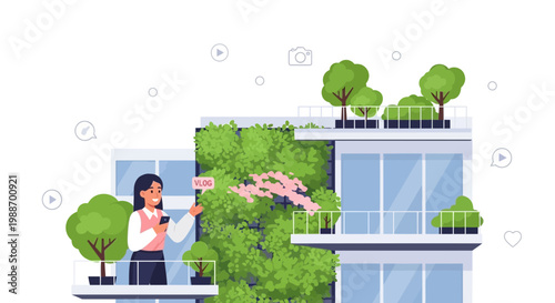 Woman filming herself on balcony with vertical garden and trees