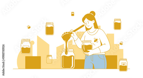 Woman filling jars with honey, surrounded by bees and cityscape illustration