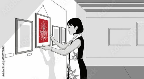 Woman hanging artwork in a gallery, close-up, art exhibition, interior design, modern art