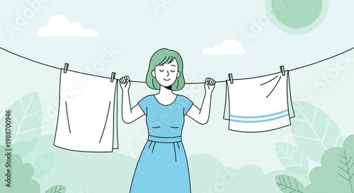 Woman hanging laundry on a clothesline outdoors, enjoying fresh air and sunshine