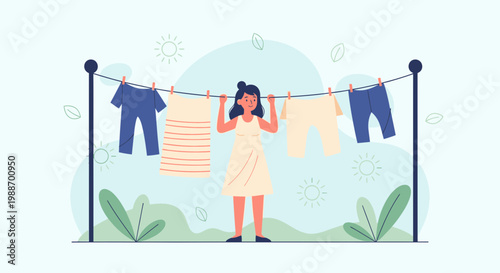 Woman hanging laundry on clothesline outdoors, sunny day, fresh air, domestic chores