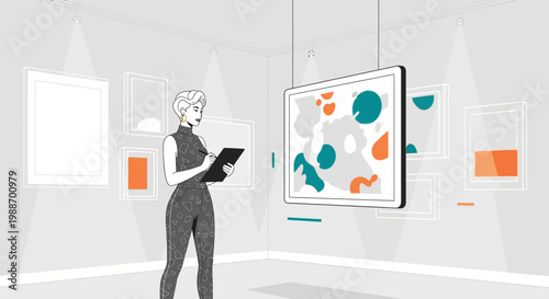 Woman in art gallery observing abstract painting on tablet, modern exhibition