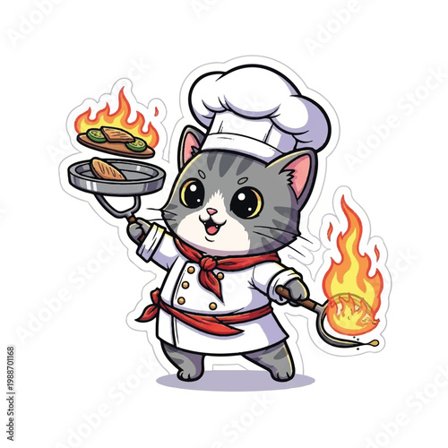 Cartoon cat chef with frying pan.