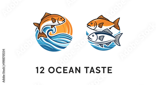 Seafood logo with fish and wave icon for ocean taste brand identity
