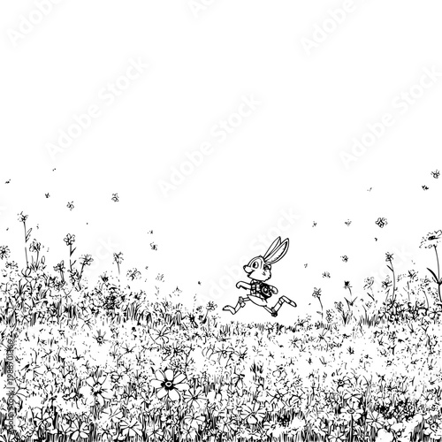 Rabbit Running Through Field of Flowers