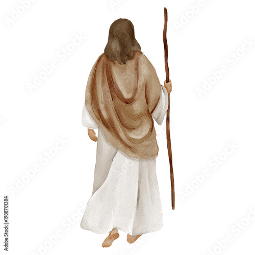 Photos Jesus as shepherd holding staff, isolated clipart, watercolor illustration