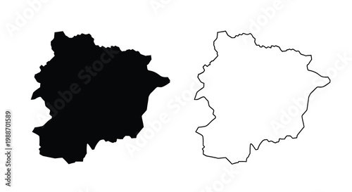 Two contrasting outlines of a geographic region one filled and one empty displayed side by side