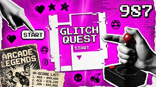 Retro Gaming Halftone Collage with Glitch Quest Title and Arcade Legends elements. Vintage Video Game Aesthetic featuring Joystick, Pixel Icons, High Score List and Pink Textured Background.