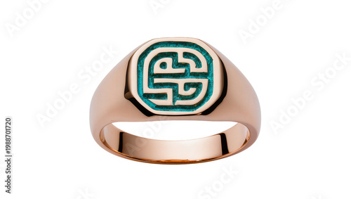 Rose gold signet ring with teal enamel maze pattern, isolated on transparent background