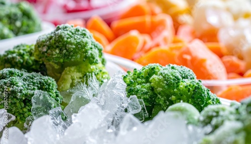 Fresh Frozen Vegetables - Broccoli and Carrots on Ice.