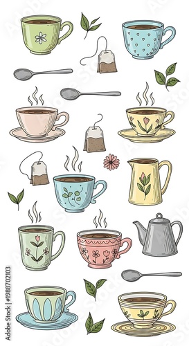 Assortment of steaming teacups with floral patterns and tea bags