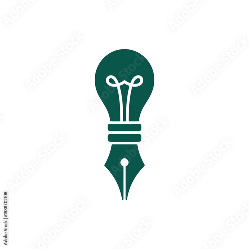 Green creative writing concept icon featuring fountain pen nib and light bulb shape silhouette on dark transparent background.