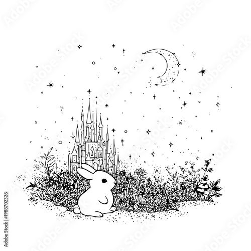 White Bunny Sitting Before Castle Under Starry Night Sky