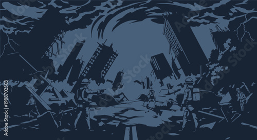 Dark fantasy cityscape with soldiers and destruction