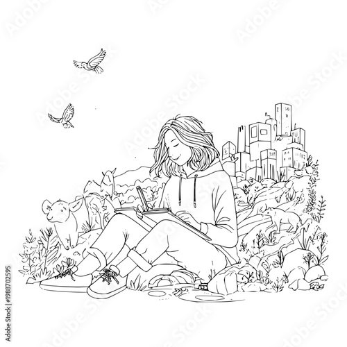 Woman Sitting with Laptop in Park surrounded by Animals and Cityscape