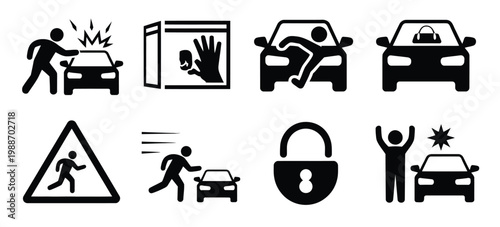 Car crime icons illustration set, stick figure silhouettes showing break in stolen bag alarm alert and victim reaction for security awareness.