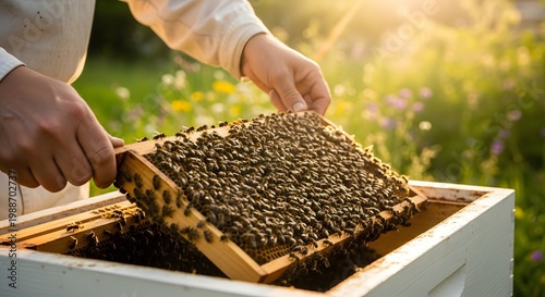 Beekeeper inspecting honeycomb frame filled with bees in sunny meadow