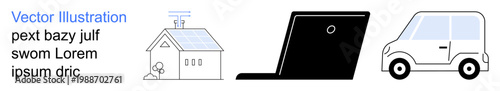 Renewable energy, technology, mobility, eco lifestyle, modern living, and transportation. A solar-powered home, a laptop and a compact car . Renewable energy and technology concept