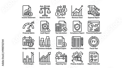 Financial accounting icon set reports analysis budget planning investment vector.