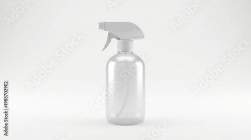 Empty clear plastic spray bottle with white trigger and nozzle